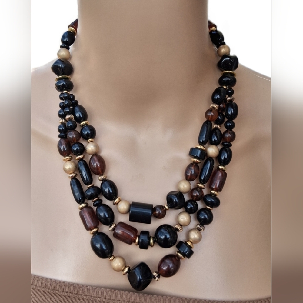 Vintage Multi-Strand Statement Necklace - Earthy Tortoise & Gold Tones